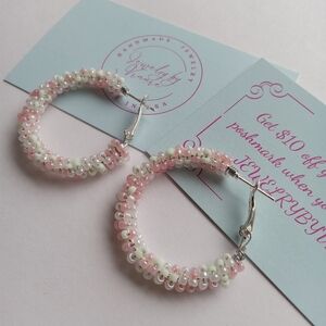 Hand Crafted Pink and White Beaded Hoop Earrings